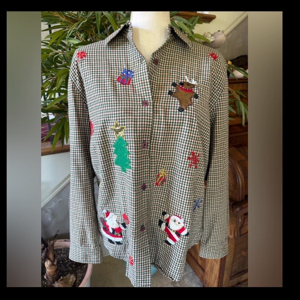 Lemon grass ladies large petite 100% cotton Christmas shirt plaid EXC COND - Picture 12 of 14